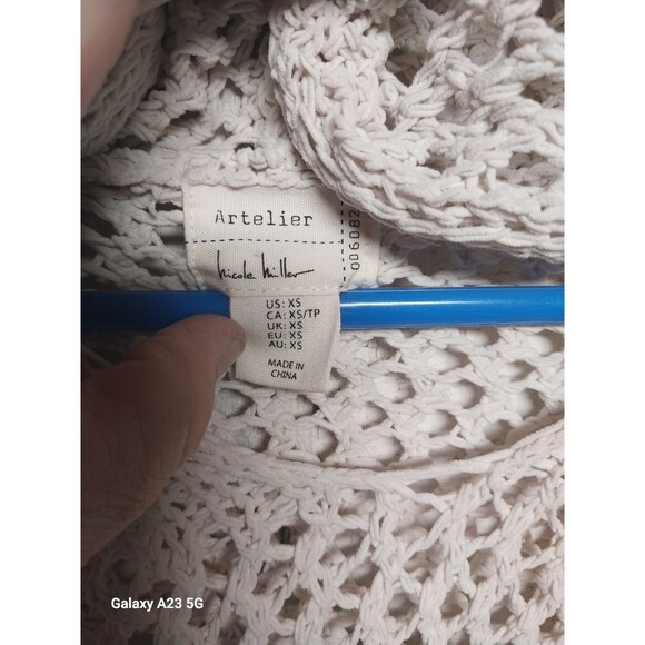 Artelier Nicole Miller Beige Open-Knit Hooded Sweater Boho Sz XS - Picture 5 of 8